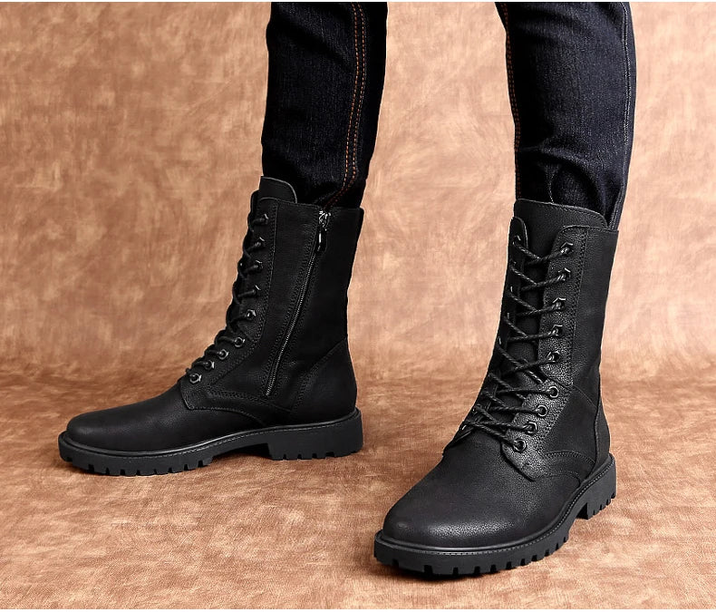 Men's Leather Motorcycle Boots Mid-Calf With Plush Lining