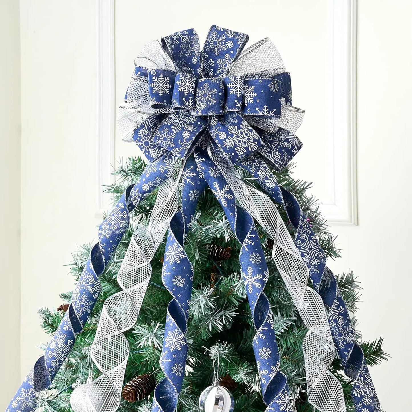 Glitter Snowflake Tree Topper Bow – Holiday Ribbon Decor