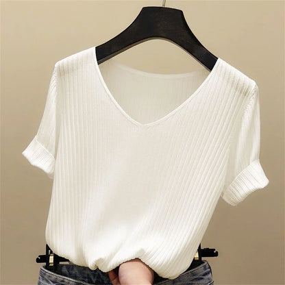 Women's Summer Short Sleeve Knitted Polyester Blouse V-Neck Top