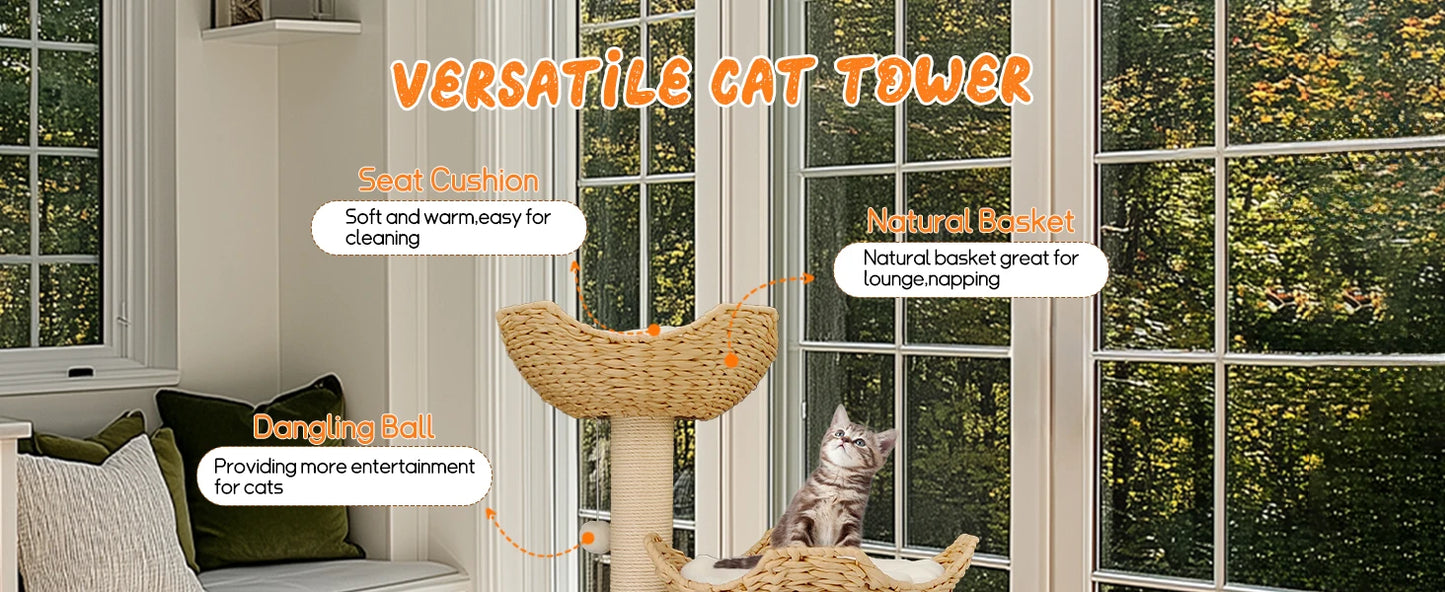 3-Tier Cat Tree Padded Plush Napping Perches Kitten Condo Sisal Rope Scratching Posts and Hanging Toy Tower for Indoor Kitties