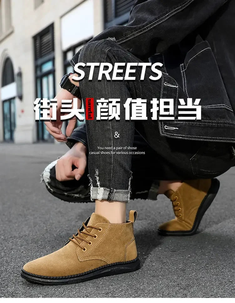 High Top Casual Board Shoes Men's Lace Up Suede Black Flat Bottom Short Boots Men's Chelsea Boots High-quality Brand Denim Boots