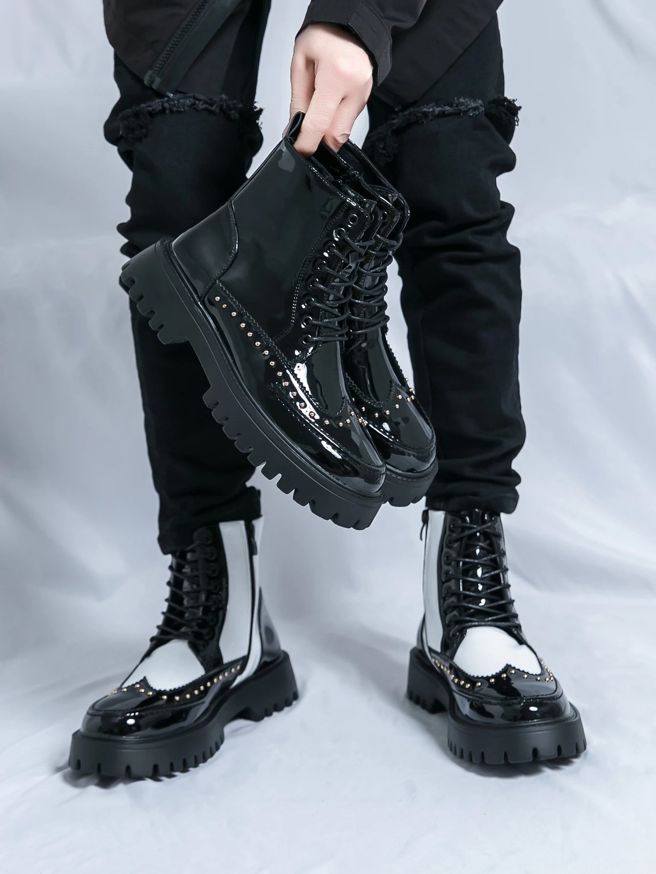 Men's Mid-Calf Leather Motorcycle Boots Pointed Toe Lace-Up
