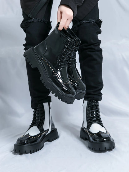 Men's Mid-Calf Leather Motorcycle Boots Pointed Toe Lace-Up