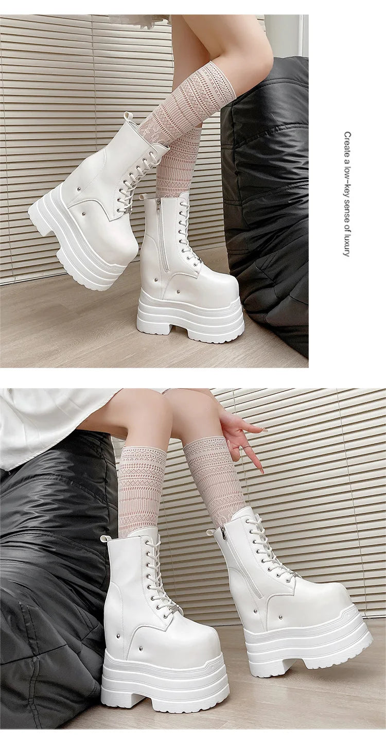 Height Increasing Women's High Boots Black Leather Thick Bottom Platform Shoes Side Zip Gothic Punk Short Boots Street Style