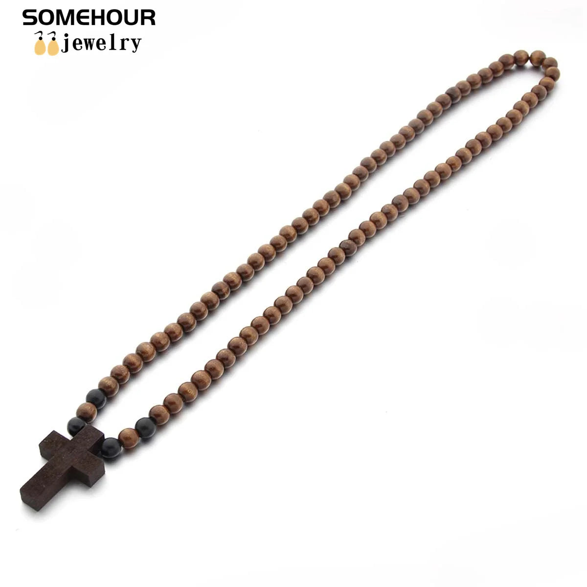 Wood Bead Cross Necklace & Bracelet Set – Religious Accessories for All