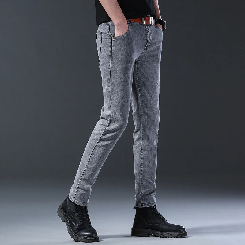 Men's Slim Fit Jeans Gray Elastic Mid-Waist Denim Straight Leg