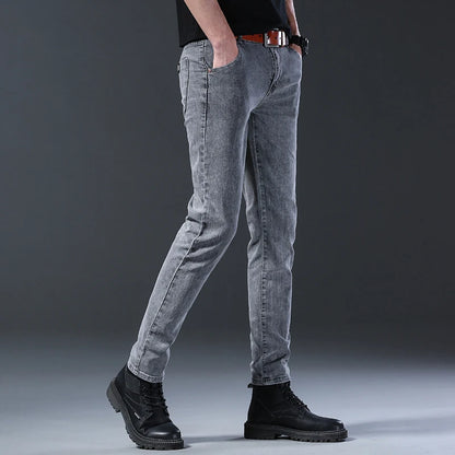 Men's Slim Fit Jeans Gray Elastic Mid-Waist Denim Straight Leg