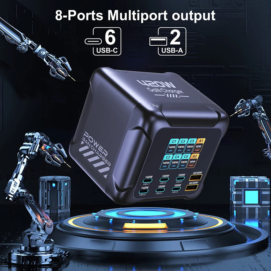 Ubigbuy 300W GaN Charger PPS PD 100W USB Type C 6-Port Digital Display Desktop Fast Charging Station for MacBook iPhone Samsung