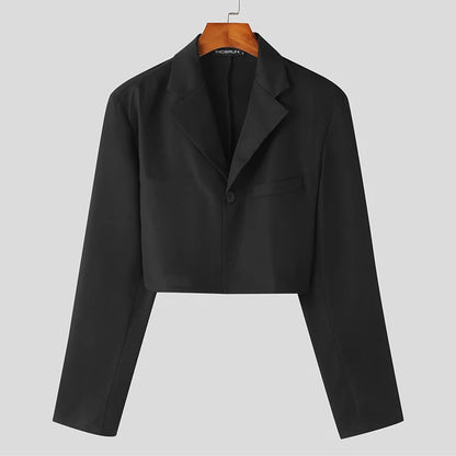 Men Blazer Solid Color Lapel Long Sleeve Single Button Polyester S-5XL Black