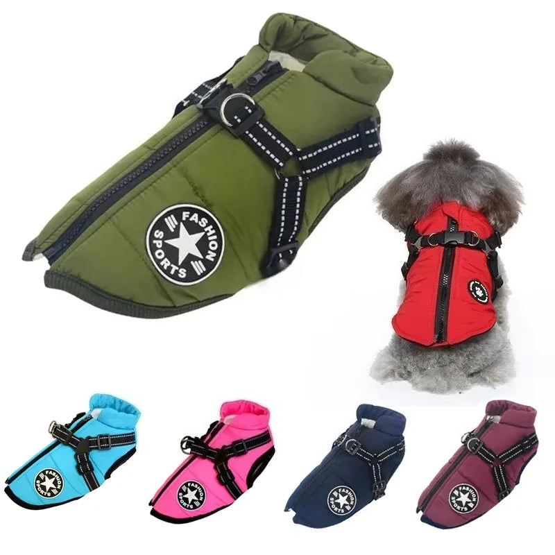 Winter Warm Dog Coat with Harness – Waterproof Jacket for Labrador, French Bulldog, Chihuahua