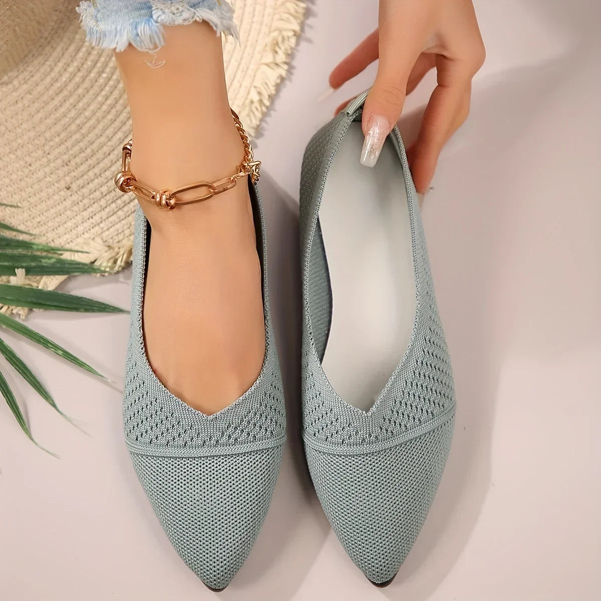 Women's Pointed Toe Flat Shoes Solid Color Knitted Slip on Ladies Shoes Casual Breathable Ballet Women Flat Shoes Loafers Women