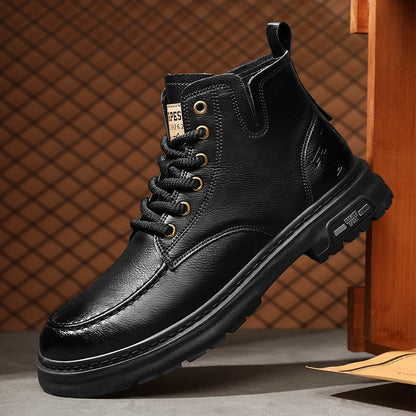 Brown Leather Mens Ankle Boots Lace Up Platform Outdoor