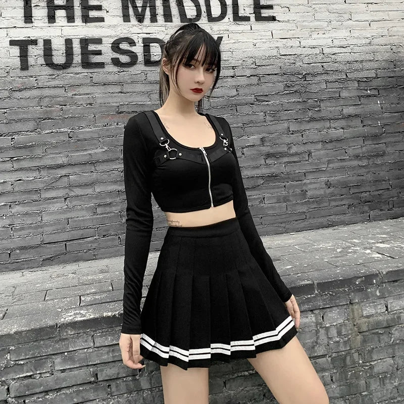 Fashion Korean Style Patchwork Skirt Harajuku Black Pleated Skirts Gothic Streetwear High Waist Mini Skirt Women Punk Skirt