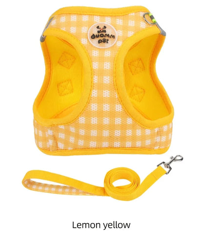 Checkered Pet Harness and Leash Set Breathable Nylon Reflective