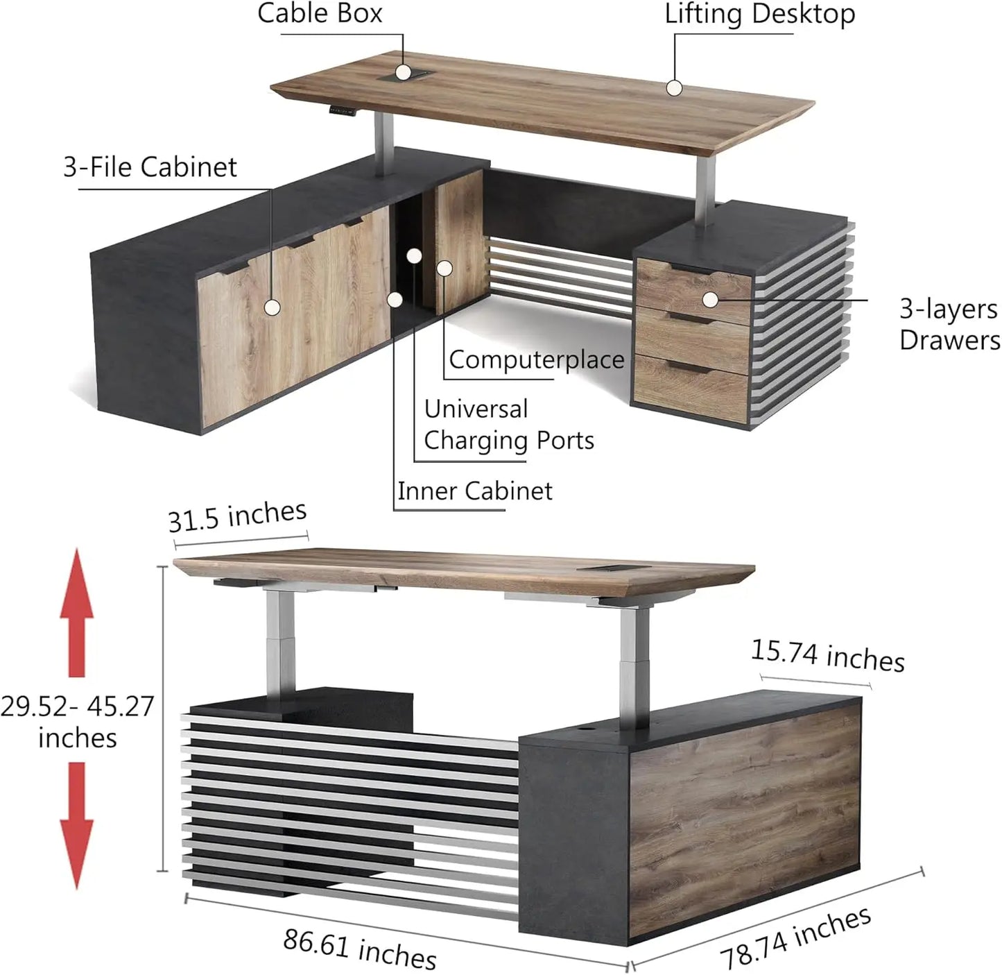Adjustable Heigh L Shaped Executive Standing Desk w/Drawers Office Desk w/Universal Charging Ports Large Business Workstation