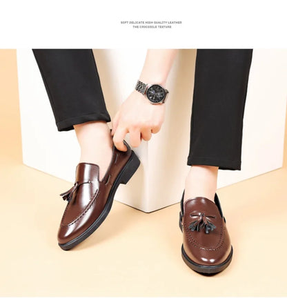 Mens Casual Leather Loafers Tassel Large Size One Pedal