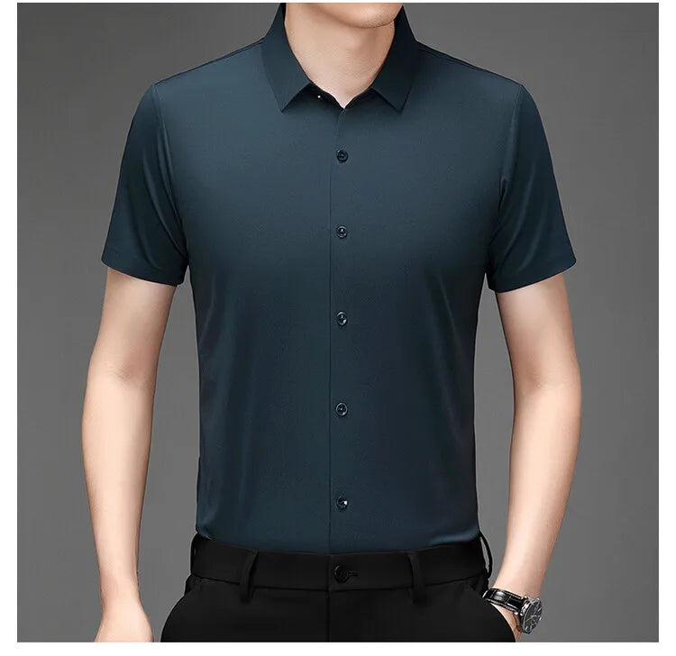 Men's Ultra Stretch Short Sleeve Shirt Business Casual  Breathable Stretchable Abrasion-Resistant Solid Color Short Sleeve Shirt