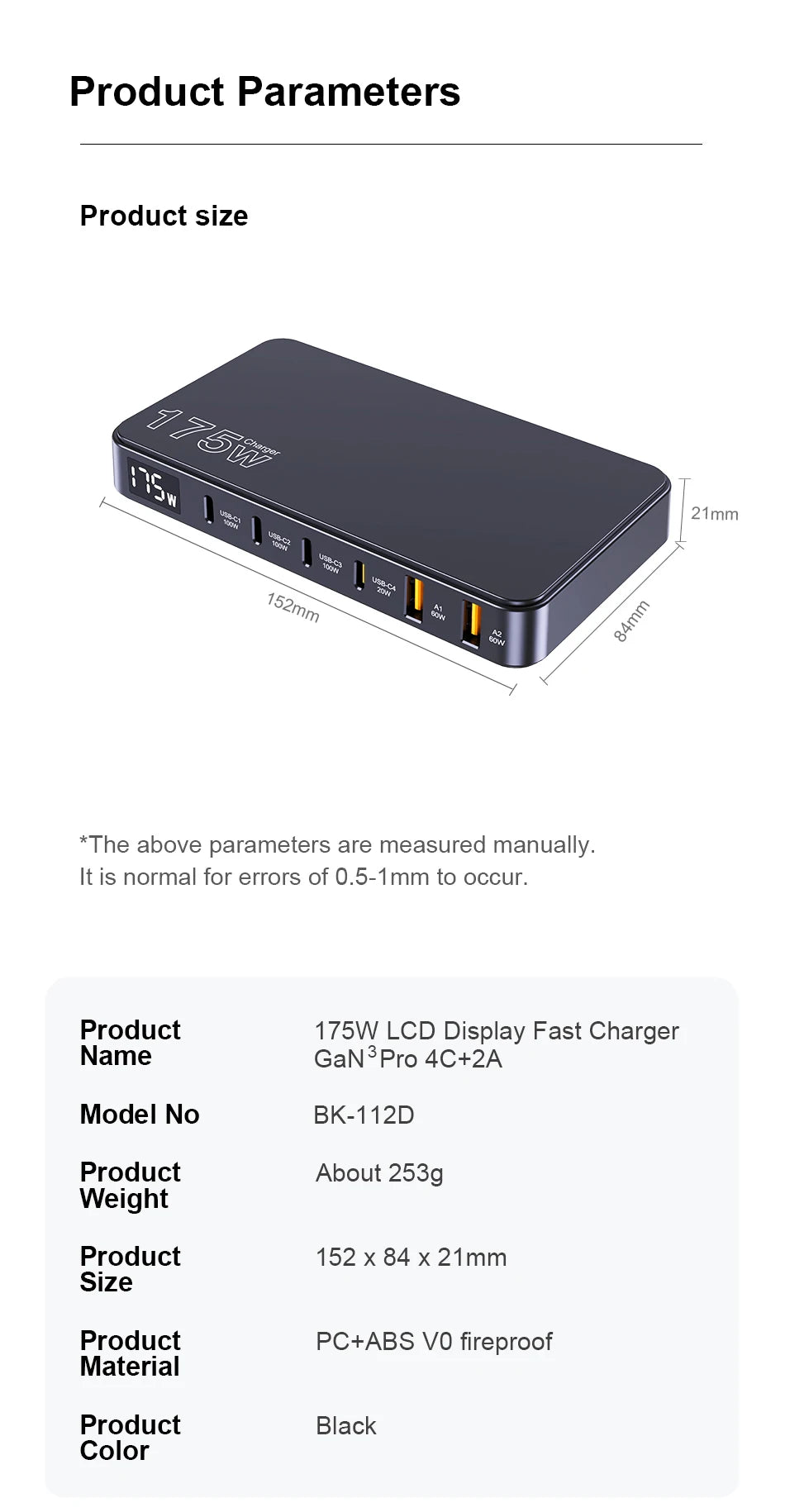 Ueetop 175W GaN USB C Charger LED Display 6-Port Desktop Charger Type C PD 100W PPS 45W Fast Charging for MacBook Samsung iPhone