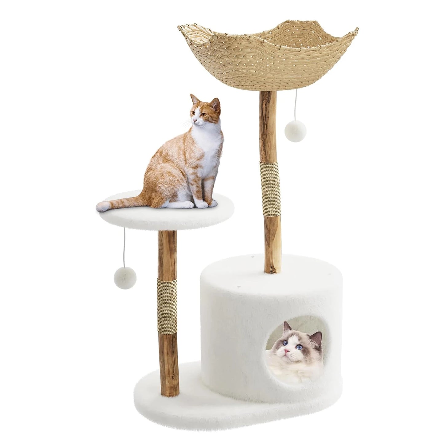 Cat Tree for Large Cats, Wood Cat Tower with Rattan Basket and Platform, Luxury Condo & Perches,Climbing Tree House for Cats