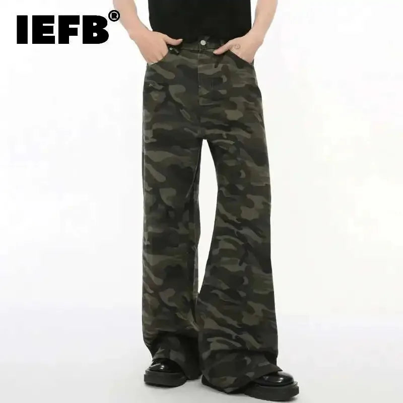 IEFB Vintage Camouflage Men's Jeans Fashion Washed Casual Wide Leg Denim Pants Autumn Winter Loose Male Trousers Old Blue 9C354