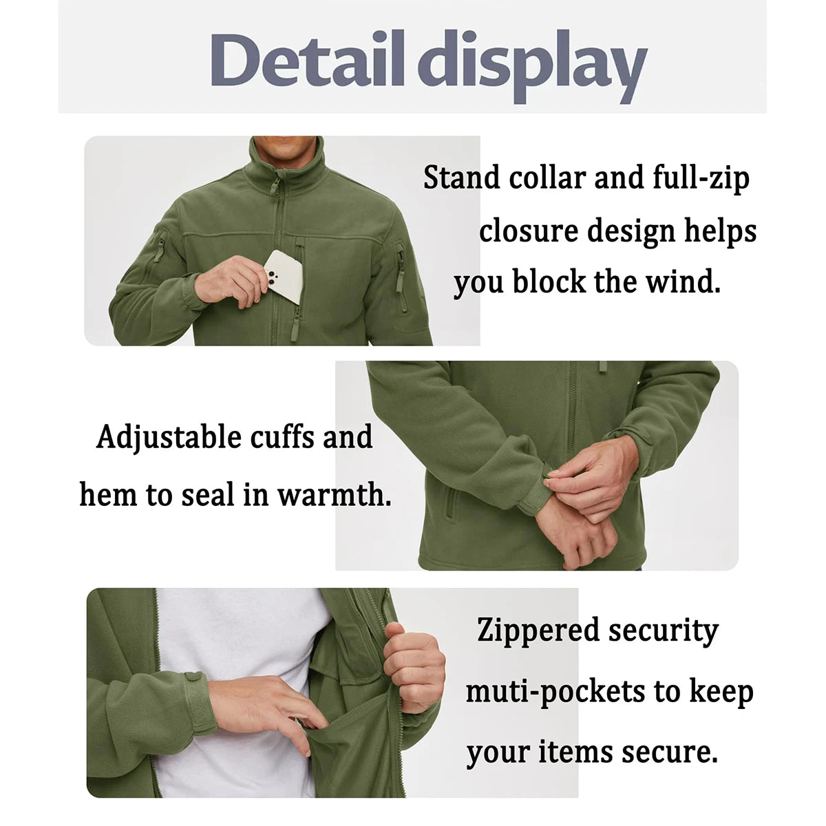 TACVASEN Men's Fleece Jacket Soft Warmth Windproof Full Zip Up Coat Multiple Zipper Pockets Hiking Working Outdoors Windbreaker