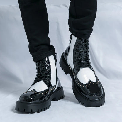 Men's Mid-Calf Leather Motorcycle Boots Pointed Toe Lace-Up