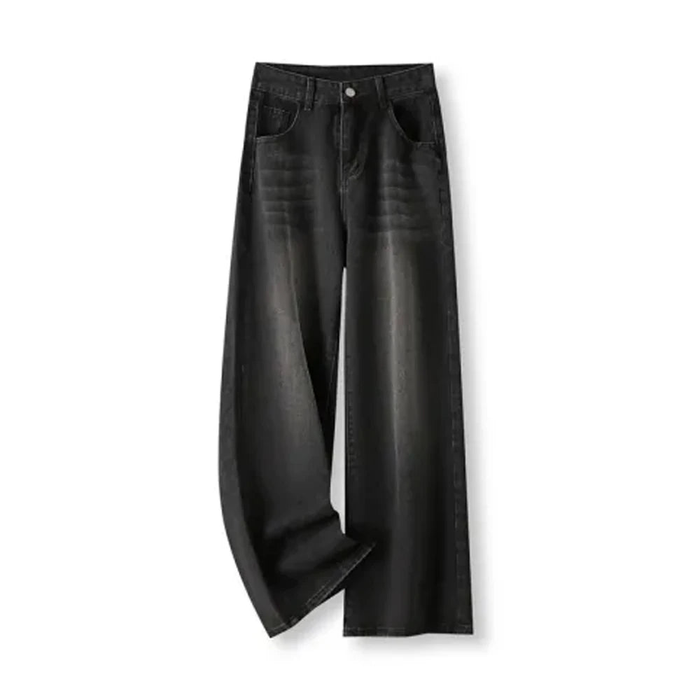 Korean Vintage High Waist Women's Jeans Y2K Slimming Pear-Shaped Loose Straight Bell Bottoms Black Gray Baggy Denim Trousers