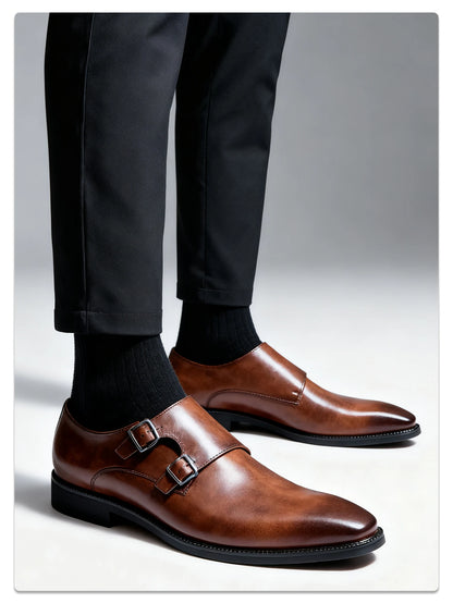 Men's Leather Monk Strap Pointed Toe Oxford Shoes With Buckle