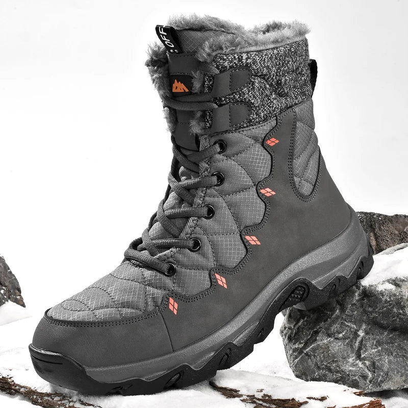 Men's Winter Snow Boots Leather Waterproof Mid-Calf Plush Lining Lace-Up