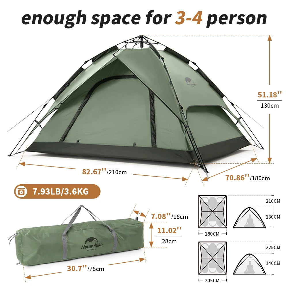 One Touch Automatic Roof Top Tent 180x210 cm 3 To 4 Person Double Door