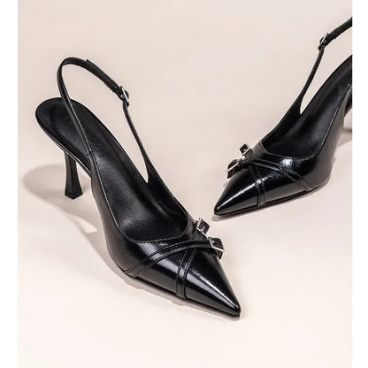 Women Black Pointed Toe Stiletto High Heel Shoes Back Strap Buckle Decor