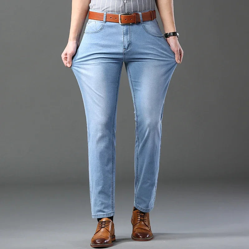 Men's Denim Jeans Straight Leg Stretch Black Sky Blue Gray