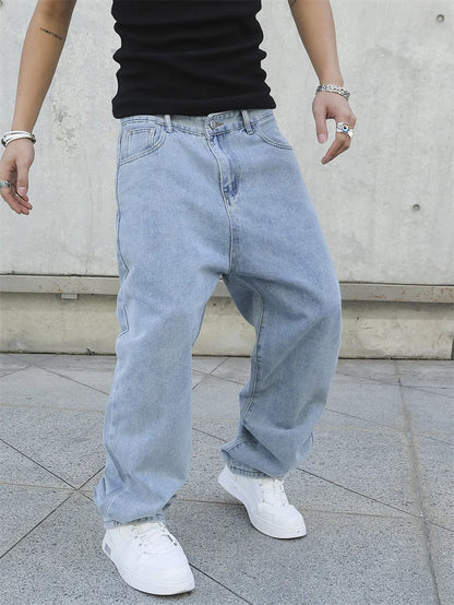 Men's Baggy Denim Jeans Loose Straight Wide Leg Trousers Solid Color