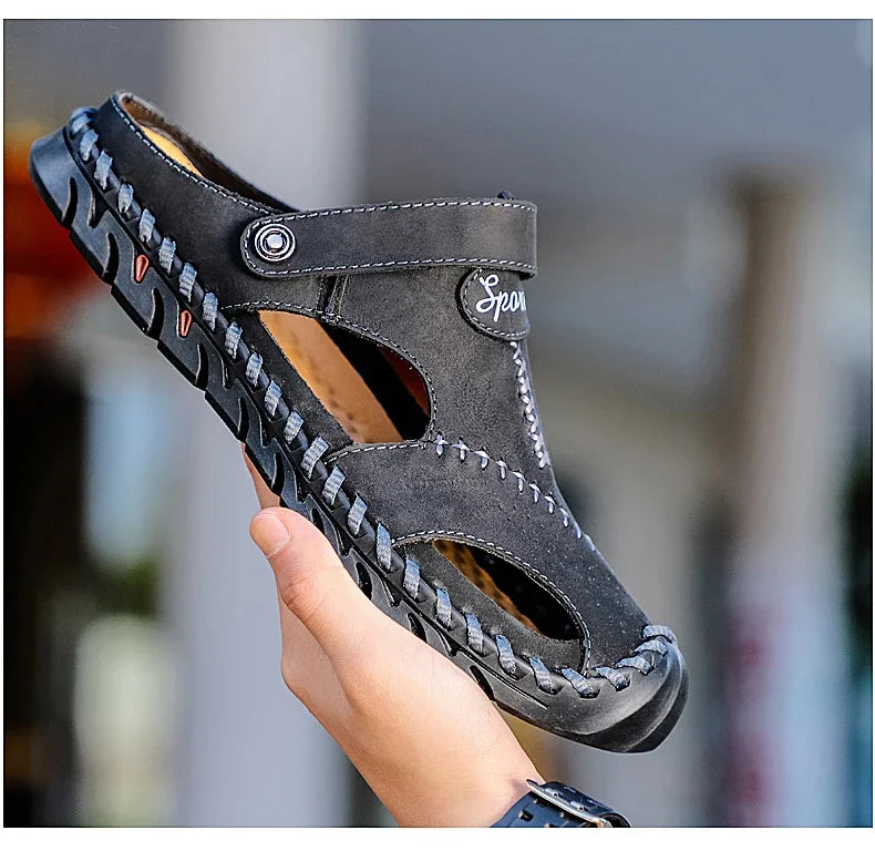 Men Cowhide Sandals Slip On With Rubber Bottom Casual Outdoor