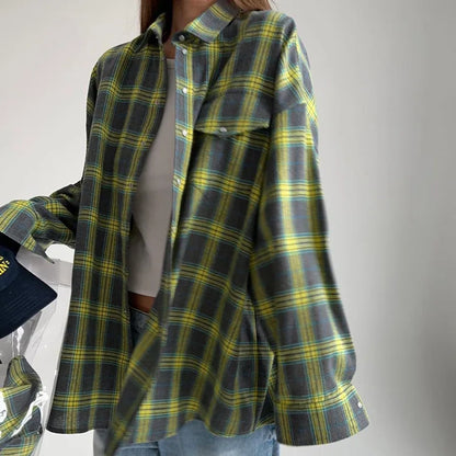 Oversized Plaid Shirt For Women Long Sleeve Button-Down Korean Style