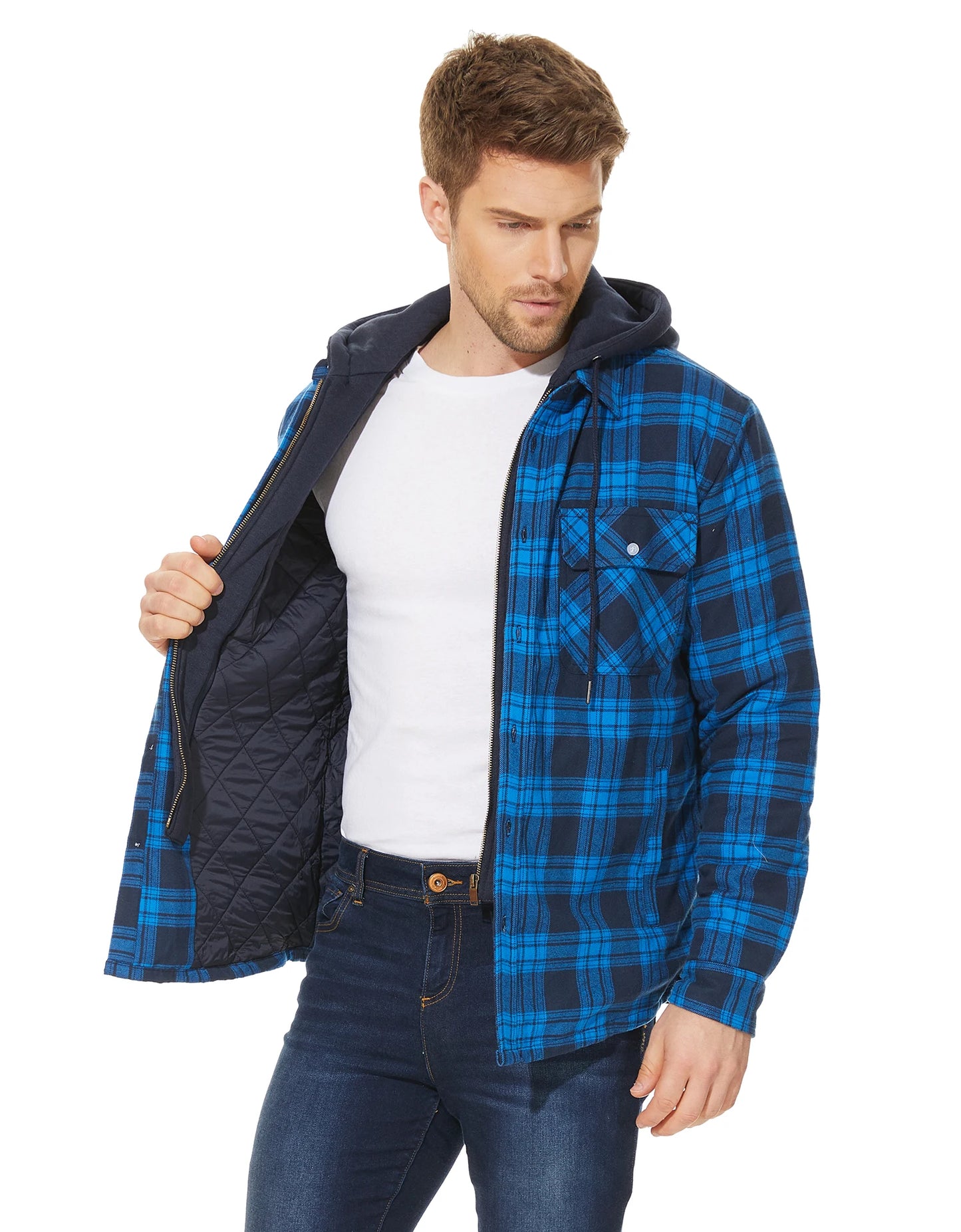 TACVASEN Men's Flannel Shirt Jacket with Removable Hood Plaid Quilted Lined Winter Coats Thick Hoodie Outwear Man Fleece Shirts