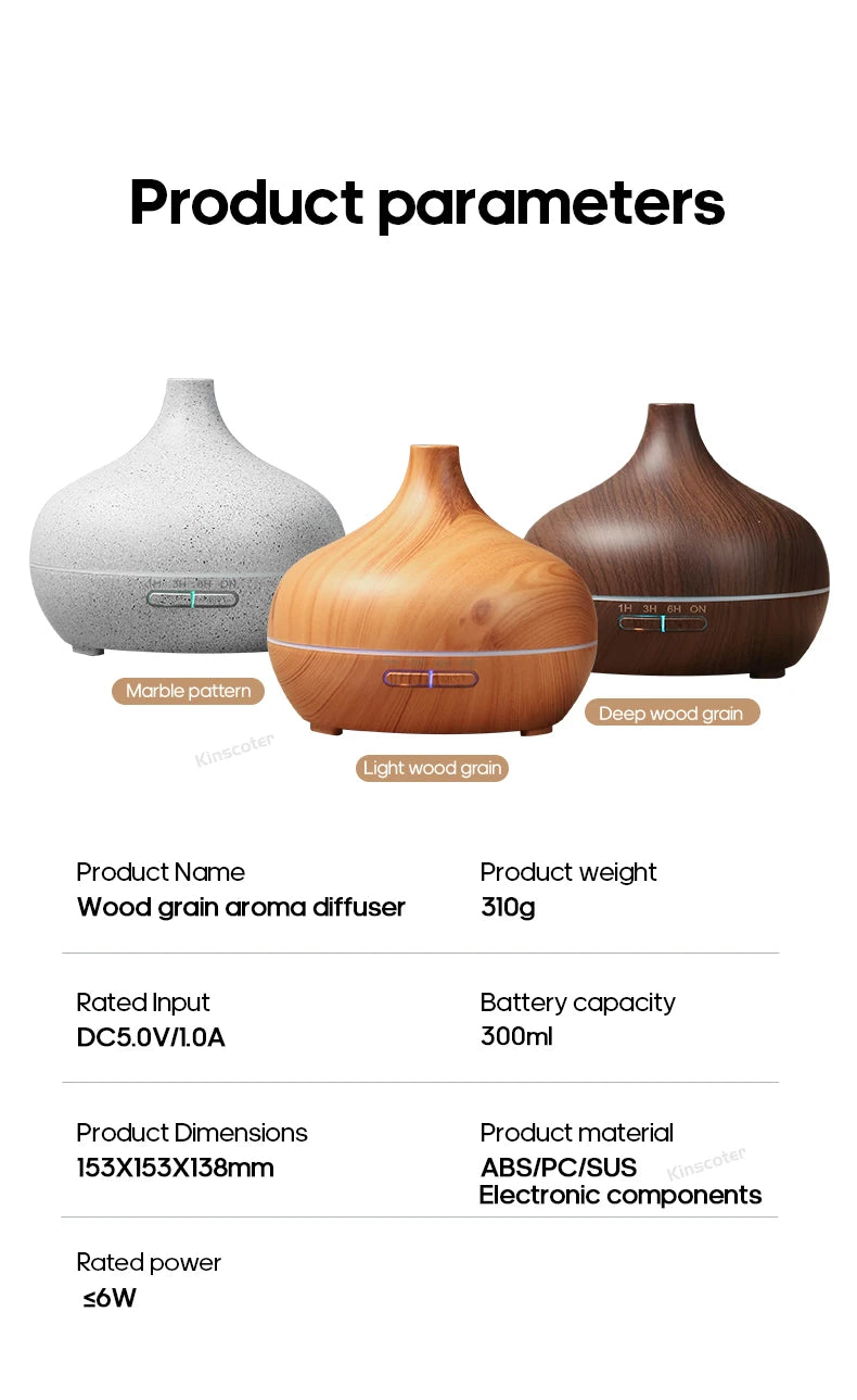 KINSCOTER Wood Grain Aromatherapy Diffuser 300ml Essential Aroma Oils Ultrasonic Air Humidifier 3 Timers USB Color Light