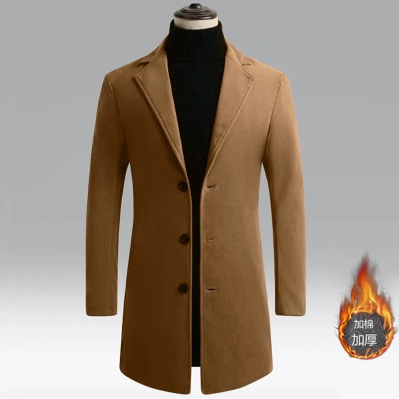 Men Winter Trench Coats Long Jackets Men Slim Fit Casual Wool Blends Business Casual Trench Thicker Warm Long Coats Size 5XL