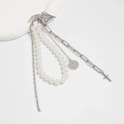 Pearl Beaded Keychain With Peach Heart Bead And Zinc Alloy Chain