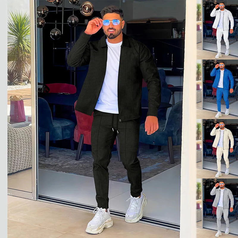 2024 men's new waffle long-sleeved lapel zipper cardigan casual sports suit