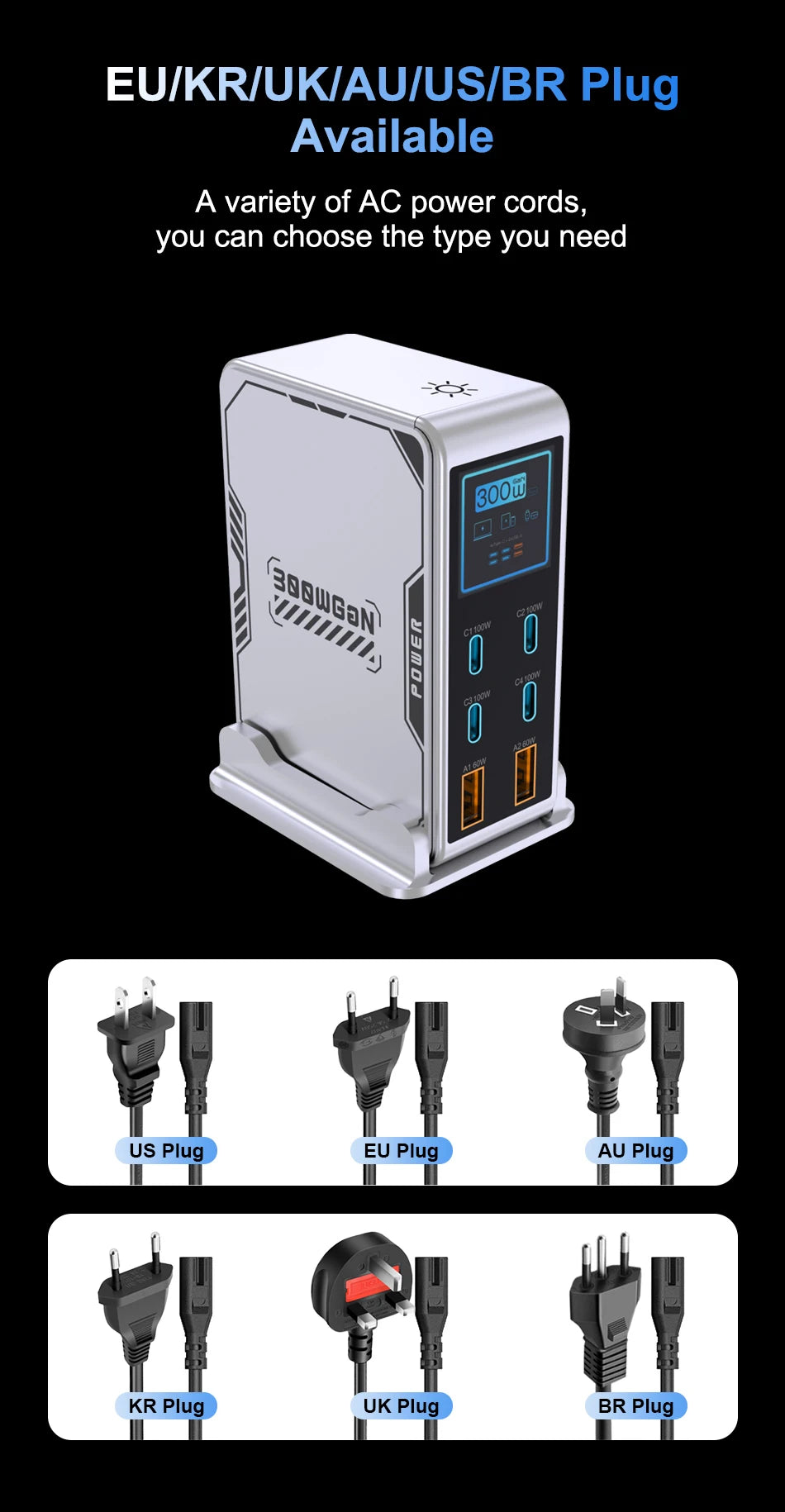 Ubigbuy 300W GaN Charger PPS PD 100W USB Type C 6-Port Digital Display Desktop Fast Charging Station for MacBook iPhone Samsung