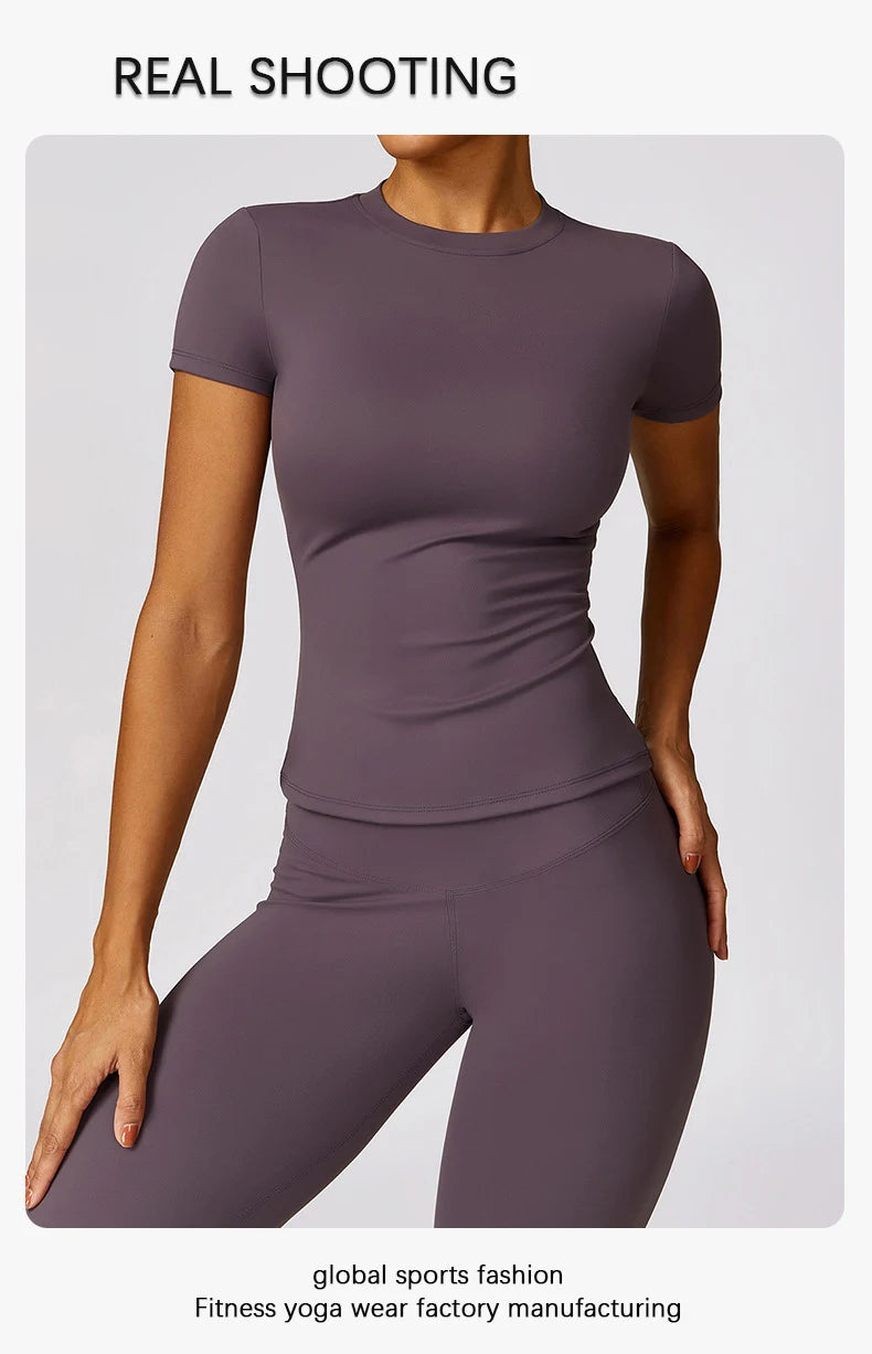 Women's Sports T Shirt Summer Short Sleeve Running Round Neck Breathable Stretchy GYM Yoga Slim Fitness Active Top Tee