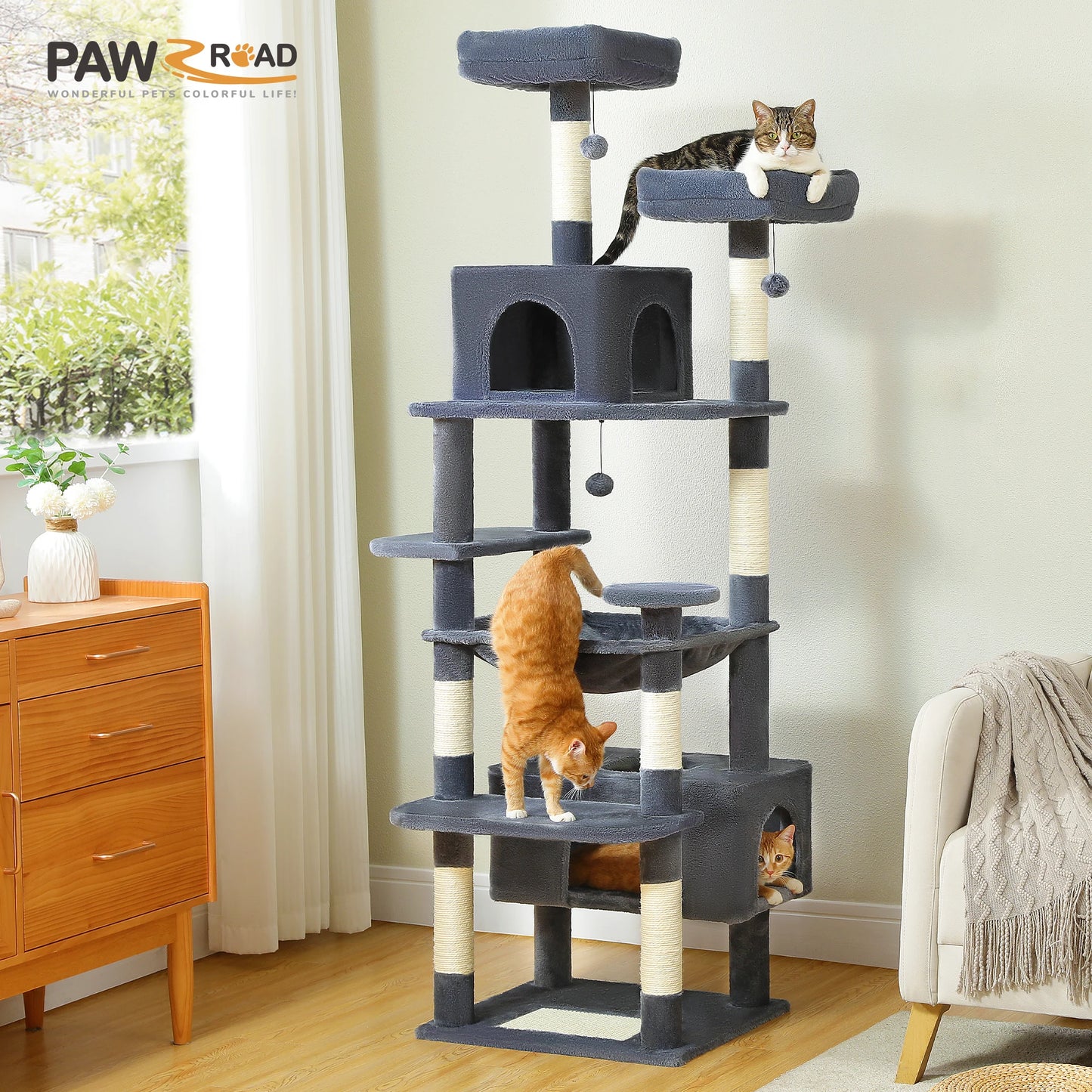Spacious Cat Tree Tower with Hammocks and Scratching Posts
