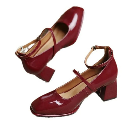 Leather Mary Jane Pumps Buckle Strap Shallow Square Toe High Heel Women