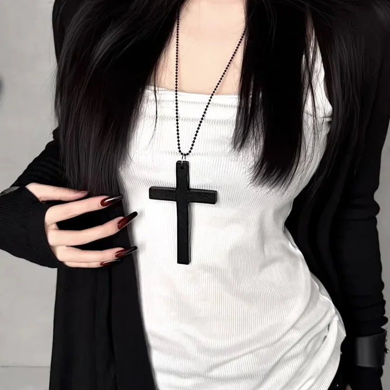 2025 New Cool Punk Gothic Wood Cross Pendant Necklace for Women Men Vintage Black White Hip Hop Y2k Necklace Party Jewelry Gift