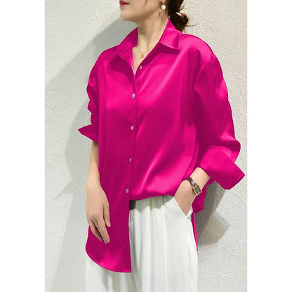 Satin Long Sleeve Blouse For Women Button Front Turn Down Collar Solid