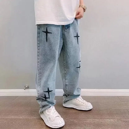 Mens Loose Cargo Jeans Boyfriend Straight Fit Star Print Wide Leg