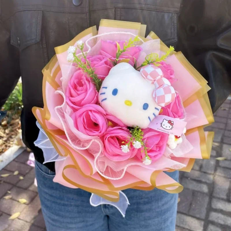 Kawaii Hello Kitty Cat Dolls With Artificial Flowers Creative Bouquet Christmas Valentine Birthday Graduation Gifts