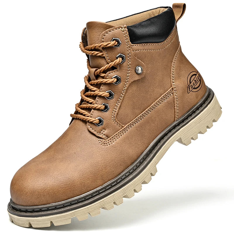 Leather Men Work Boots Mid Calf Ankle High Top Non Slip