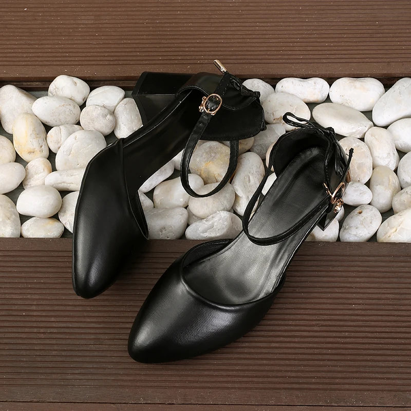 Thin Strap Pump With Bowknot Buckle, Pointed Toe, Square Heel